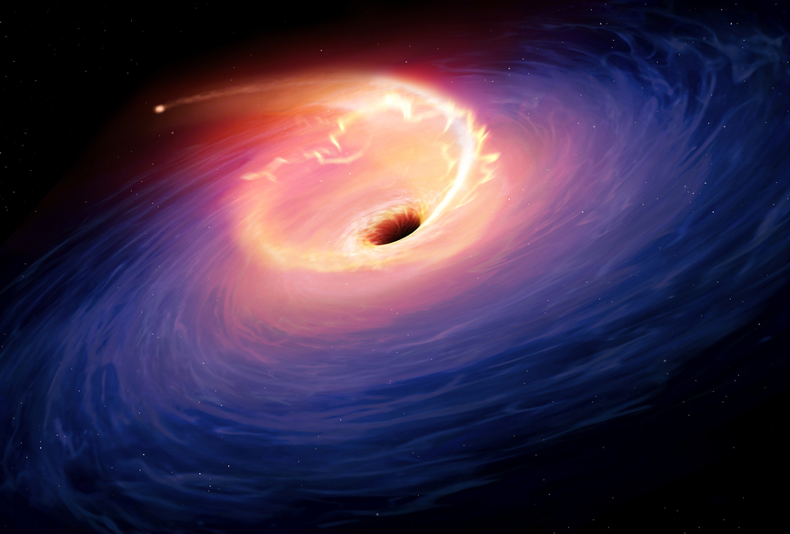 This handout image received on February 27, 2017 from Sheffield University shows an artists rendering of the tidal disruption event in F01004-2237, which is 1.7 billion light years from Earth. The release of gravitational energy as the debris of the star is accreted by the black hole leads to a flare in the optical light of the galaxy. 
Supermassive black holes rip up and devour hapless stars a hundred times more frequently than thought, according to research released on February 27, 2017.
Previously, scientists had calculated that such cosmic cannibalism was extremely rare, happening once every 10,000 to 100,000 years per galaxy.
 / AFP PHOTO / SHEFFIELD UNIVERSITY / MARK A. GARLICK / RESTRICTED TO EDITORIAL USE - MANDATORY CREDIT "AFP PHOTO / Sheffield University / Mark A. GARLICK" - NO MARKETING NO ADVERTISING CAMPAIGNS - DISTRIBUTED AS A SERVICE TO CLIENTS